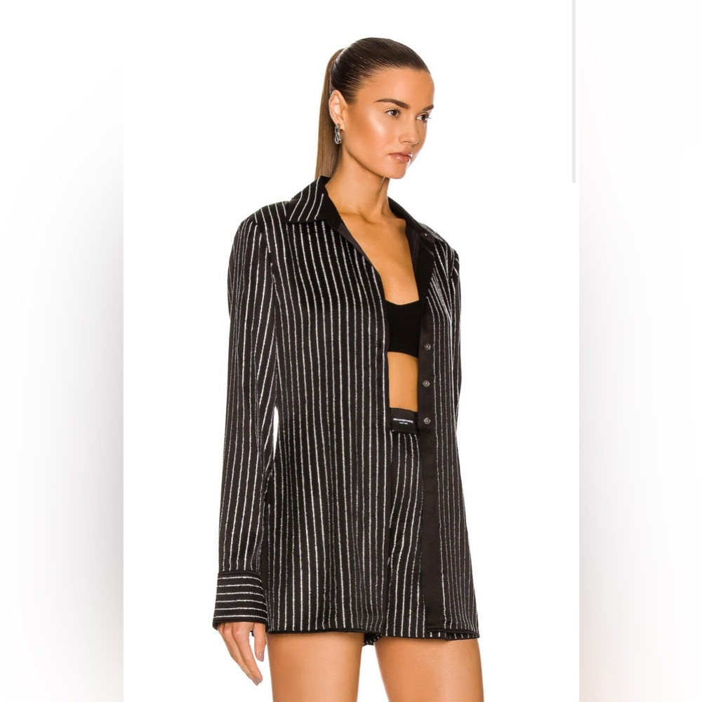 Alexander Wang Slim Silk Shirt w/ Crystal Hotfix Embellish Stripes S Black